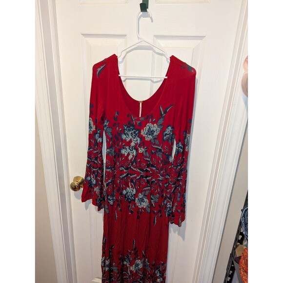 Free People Size Small Red Floral Long Bell Sleeve Maxi Dress - Picture 3 of 7